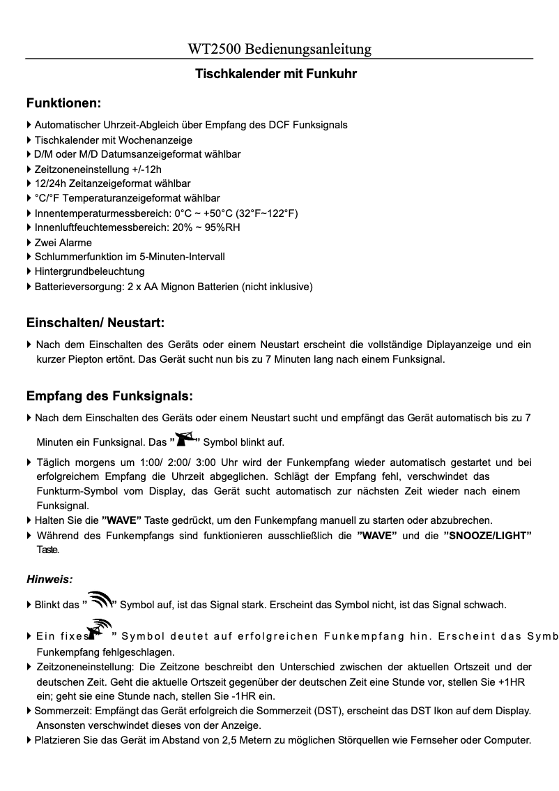 First page image of the manual for WT 2500