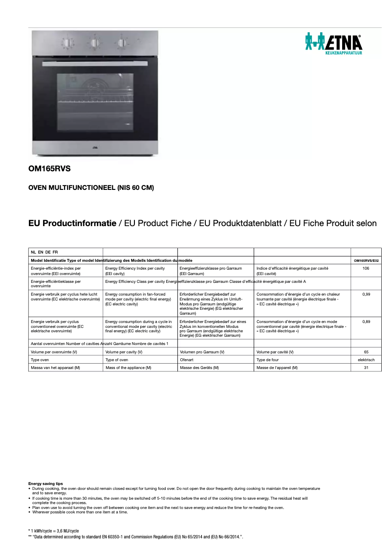 First page image of the manual for OM165RVS