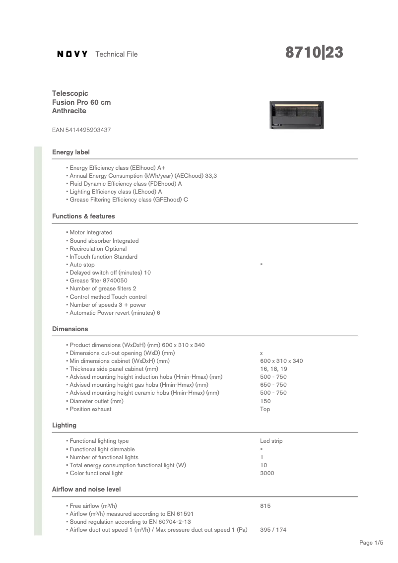 Page 1 of the manual Technical Sheet Novy Fusion Pro 8710