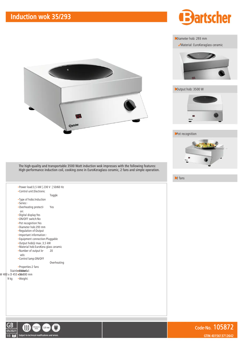 Page 1 of the manual Technical Sheet Bartscher 105872