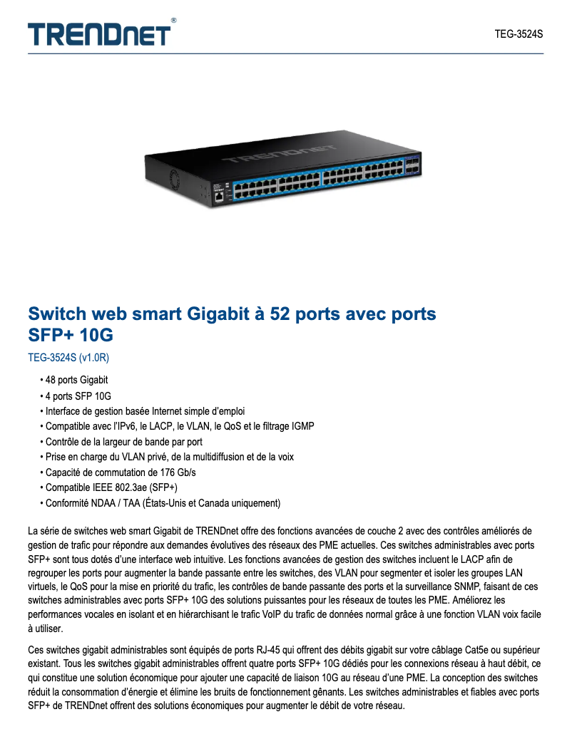 Page 1 of the manual Technical Sheet TRENDnet TEG-3524S