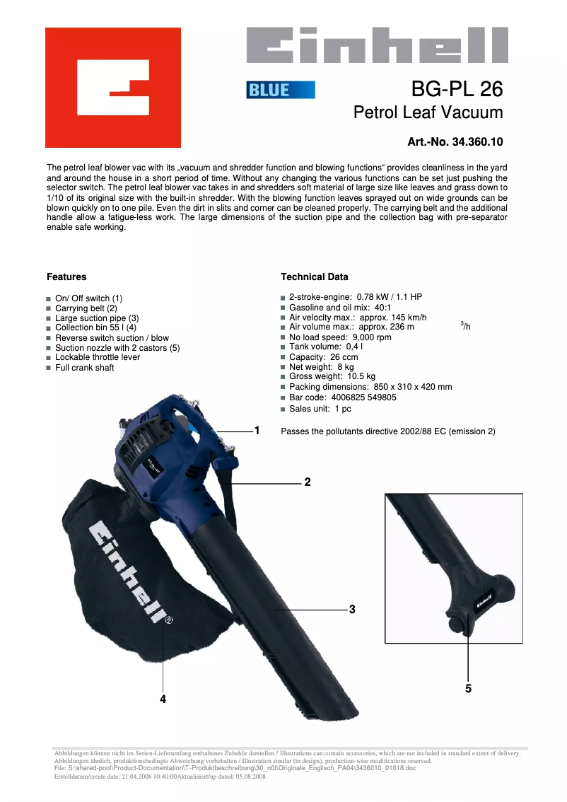 Page 1 of the manual Technical Sheet Einhell BG-PL 26