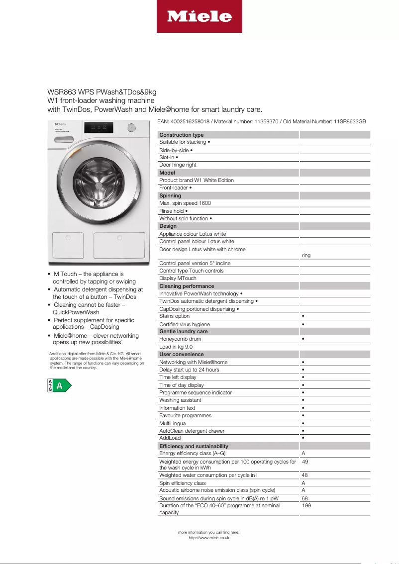 First page image of the manual for WSR 863 WPS PWash & TDos & 9kg