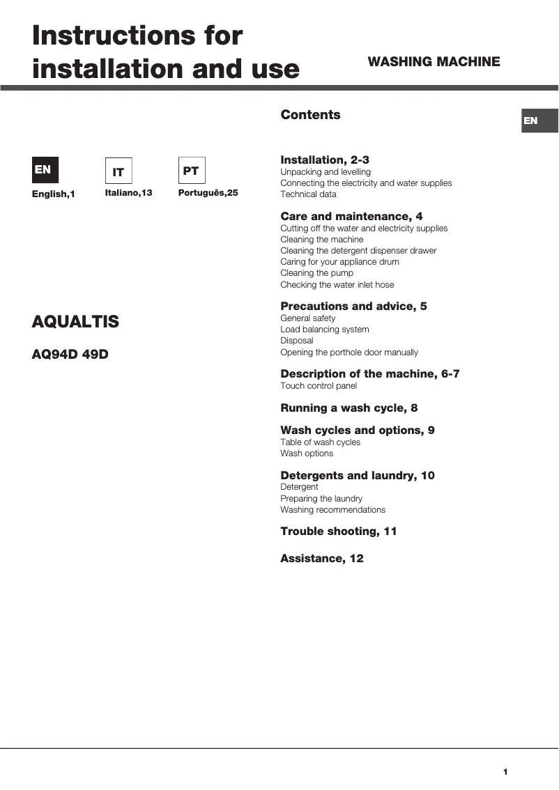 Page 1 of the manual User Manual Hotpoint Aqualtis AQ94D 49 D