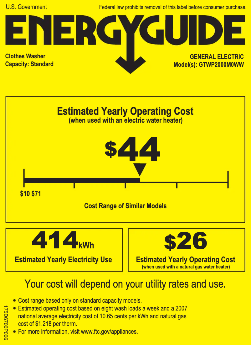 Page 1 of the manual Energy Label GE GTWP2000MWW
