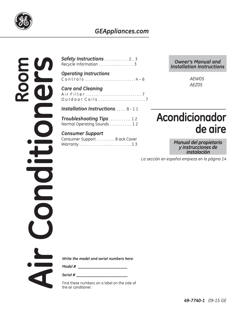 First page image of the manual for AEW05LV