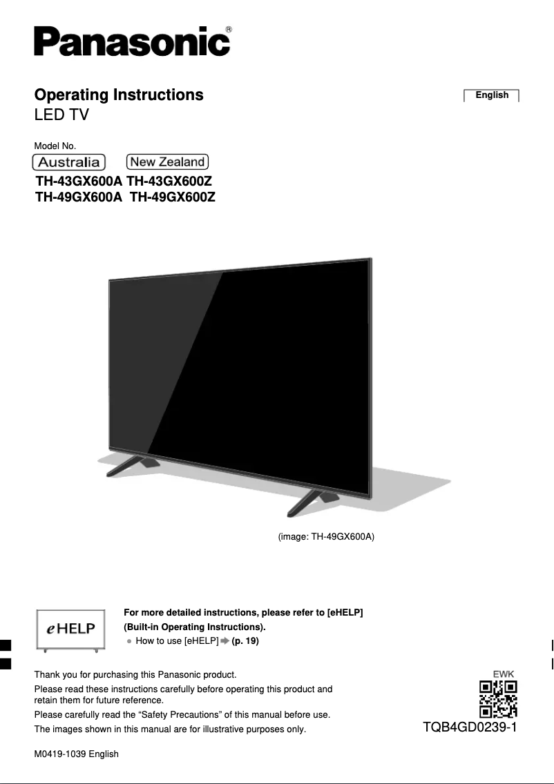 Page 1 of the manual User Manual Panasonic TH-49GX600A