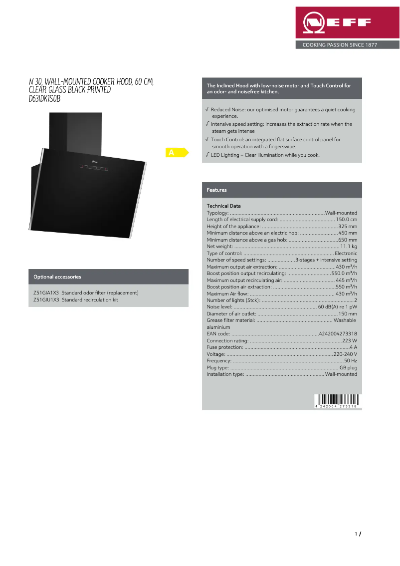 Page 1 of the manual Technical Sheet Neff D63IDK1S0B