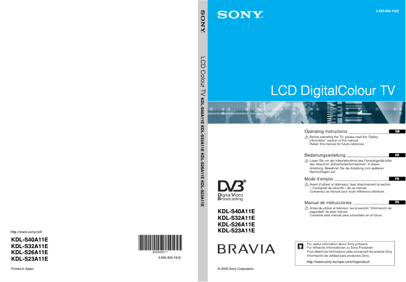 First page image of the manual for Bravia KDL-S23A11E