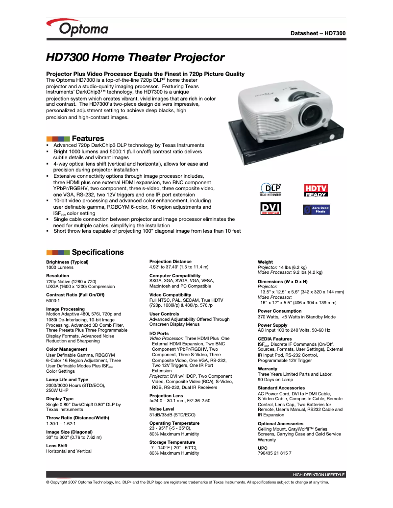 Page 1 of the manual User Manual Optoma HD7300