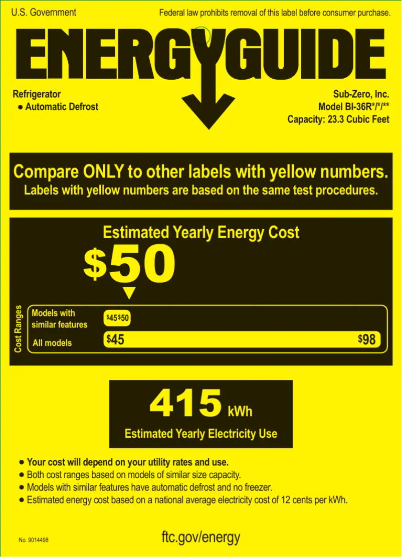Page 1 of the manual Energy Label Sub-Zero BI-36RO