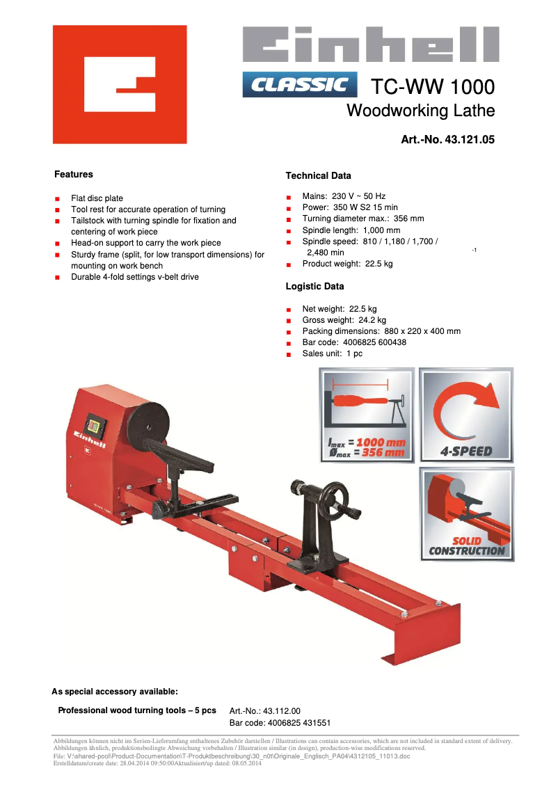 Page 1 of the manual Technical Sheet Einhell TC-WW 1000