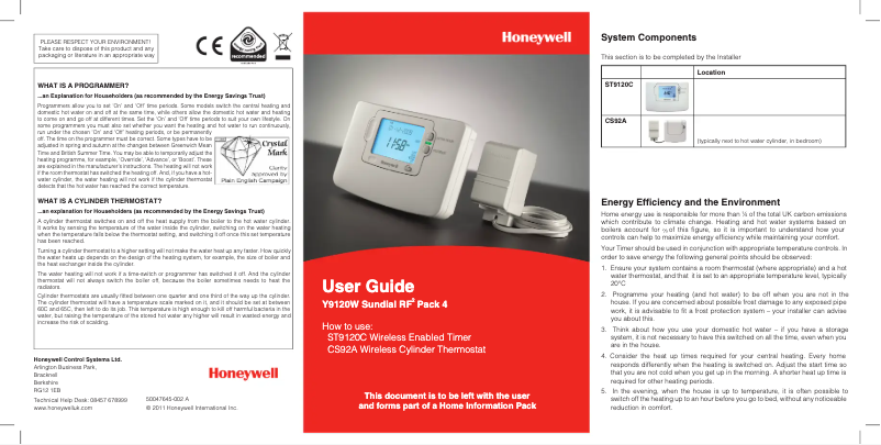 First page image of the manual for Sundial RF2 Y9120W
