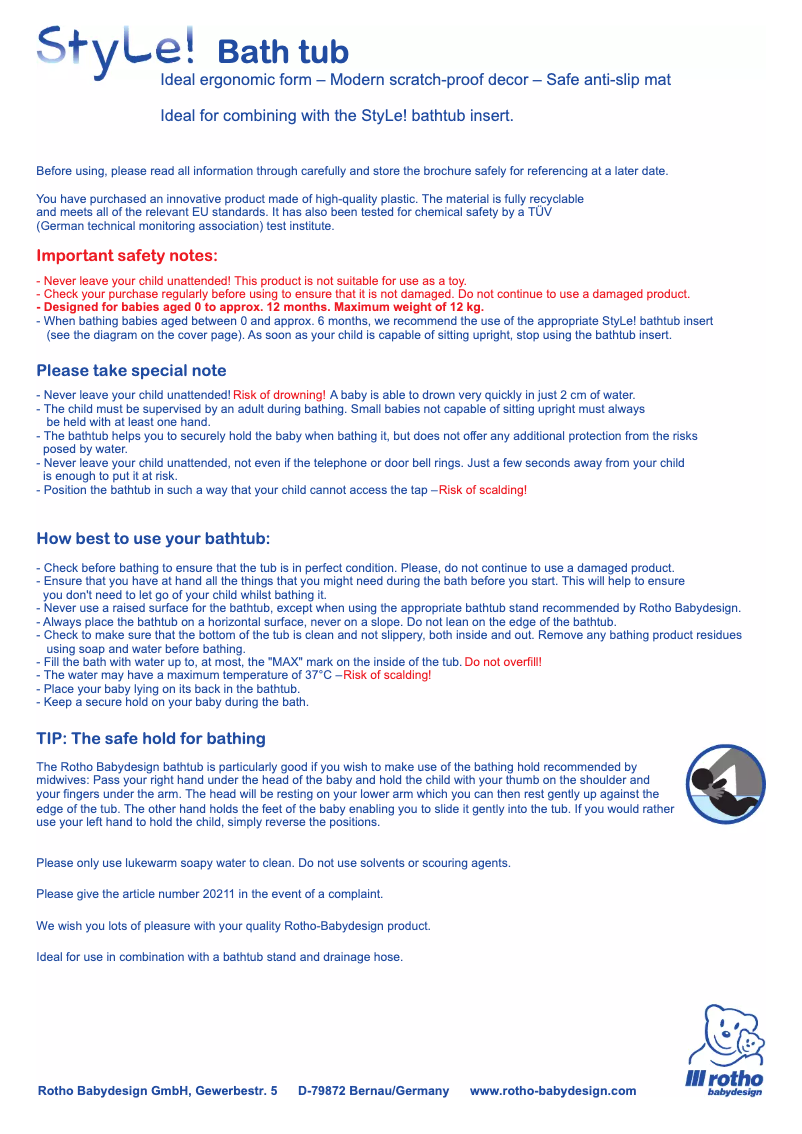Page 1 of the manual User Manual Rotho Babydesign Style! Bath tub