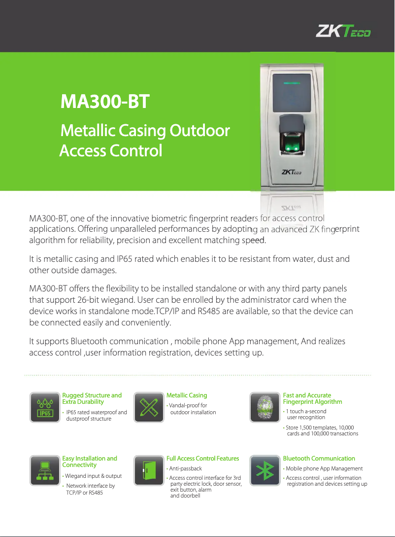 Page 1 of the manual Technical Sheet ZKTeco MA300-BT