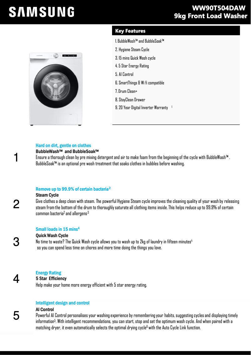 Page 1 of the manual Technical Sheet Samsung WW90T504DAW
