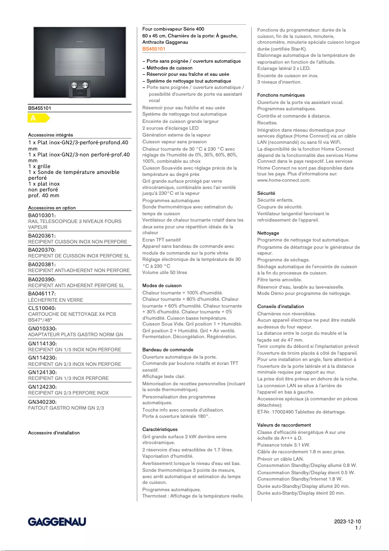Page 1 of the manual Technical Sheet Gaggenau BS455101
