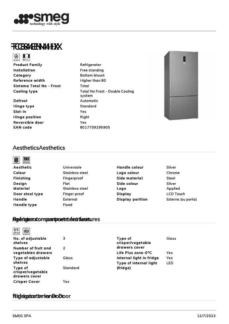 Page 1 of the manual Technical Sheet Smeg FC84EN4HX