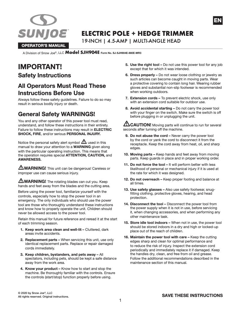 Page 1 of the manual User Manual Sun Joe SJH904E