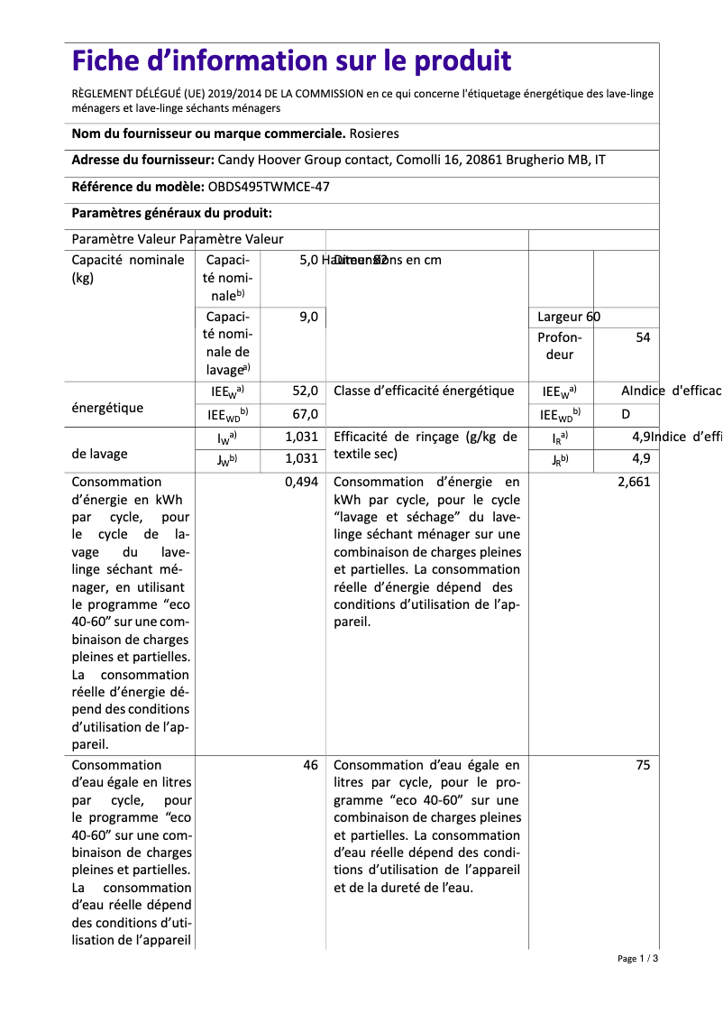 Page 1 of the manual Technical Sheet Rosieres OBDS495TWMCE/47