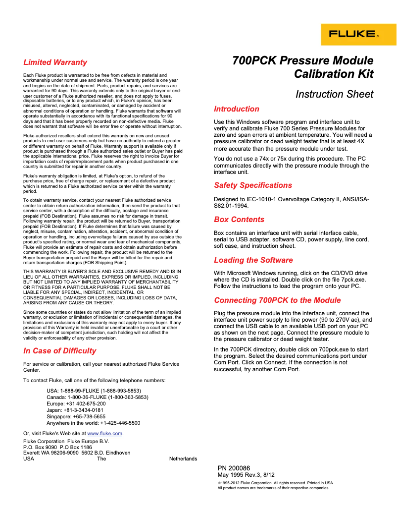 Page 1 of the manual User Manual Fluke 700PCK