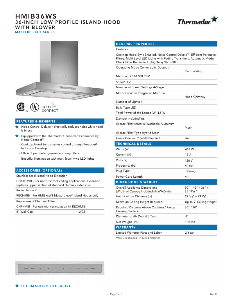 Page 1 of the manual Technical Sheet Thermador HMIB36WS