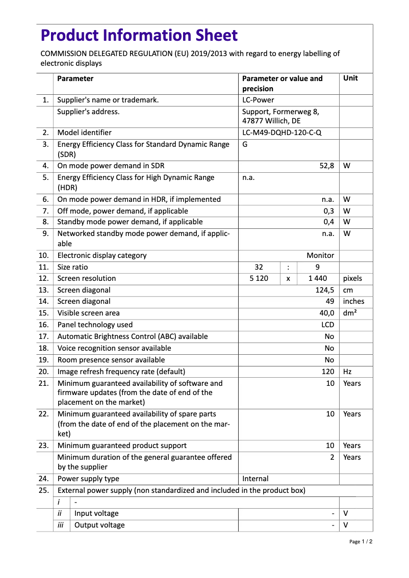 First page image of the manual for LC-M49-DQHD-120-C-Q