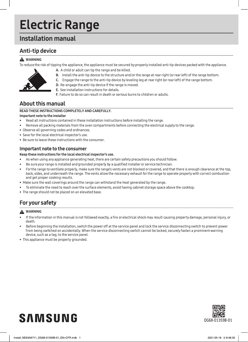 Page 1 of the manual Installation Guide Samsung NE63A6711SS