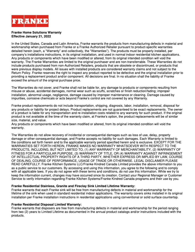 Page 1 de la notice Informations de garantie Franke FFPD5380