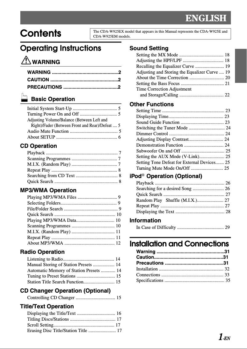 First page image of the manual for CDA-W925E