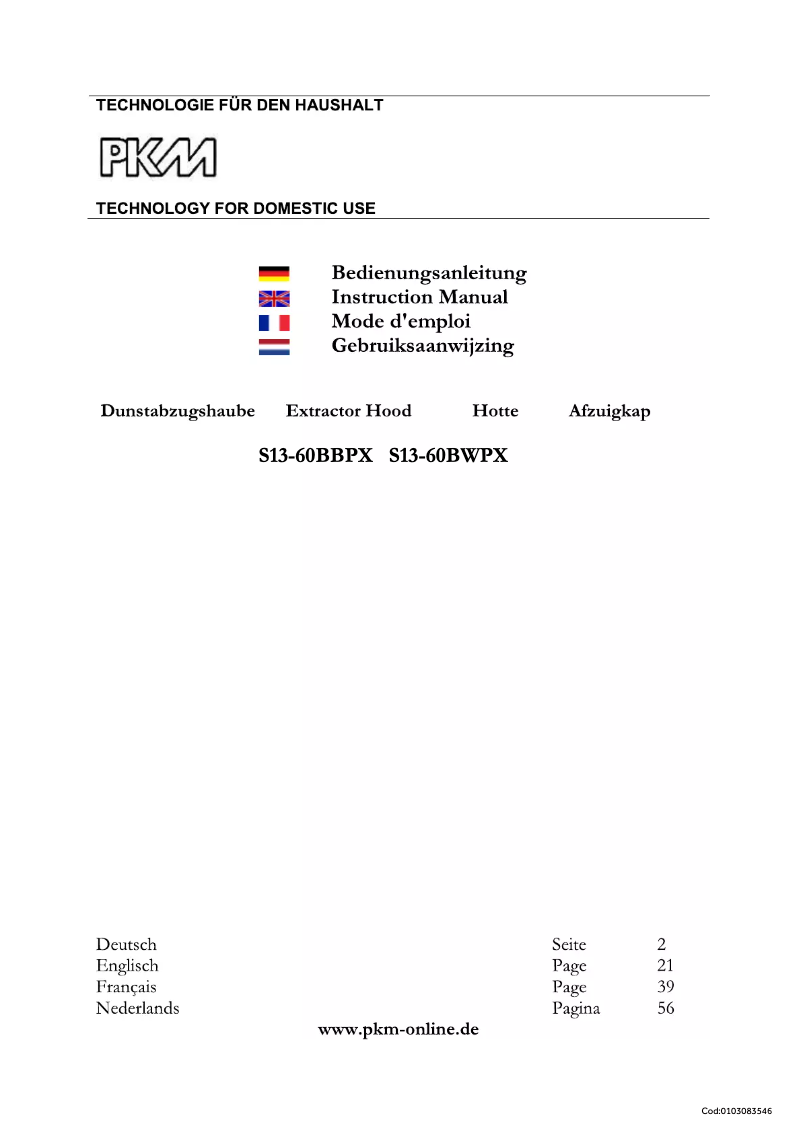 Page 1 of the manual User Manual PKM S13-60BBPX