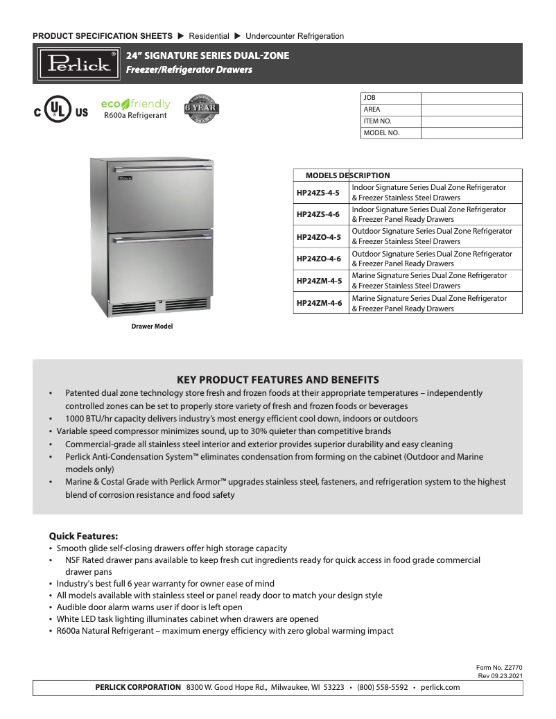 Page 1 of the manual Technical Sheet Perlick HP24ZS-4-6