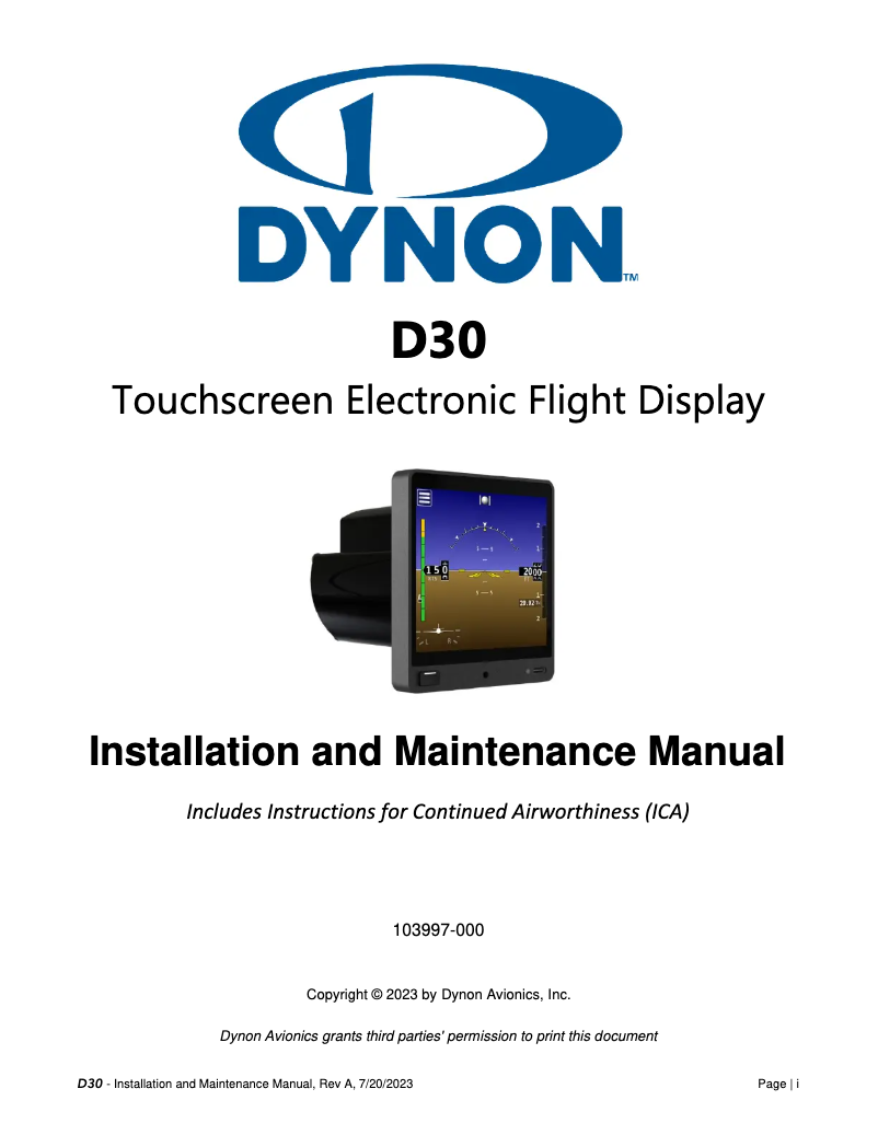 Page 1 of the manual User Manual Dynon Avionics D30
