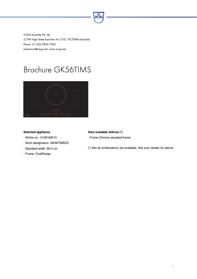 Page 1 of the manual Technical Sheet V-Zug GK56TIMSZO