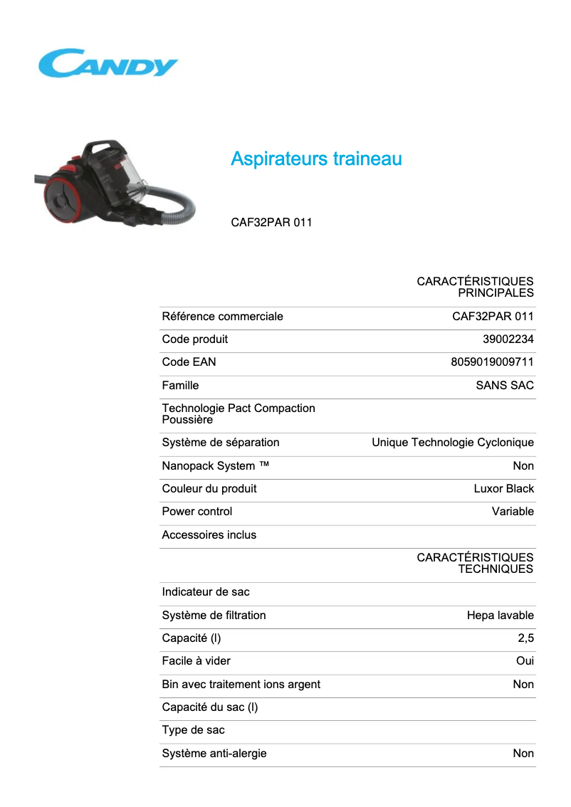 First page image of the manual for CAF32PAR 011