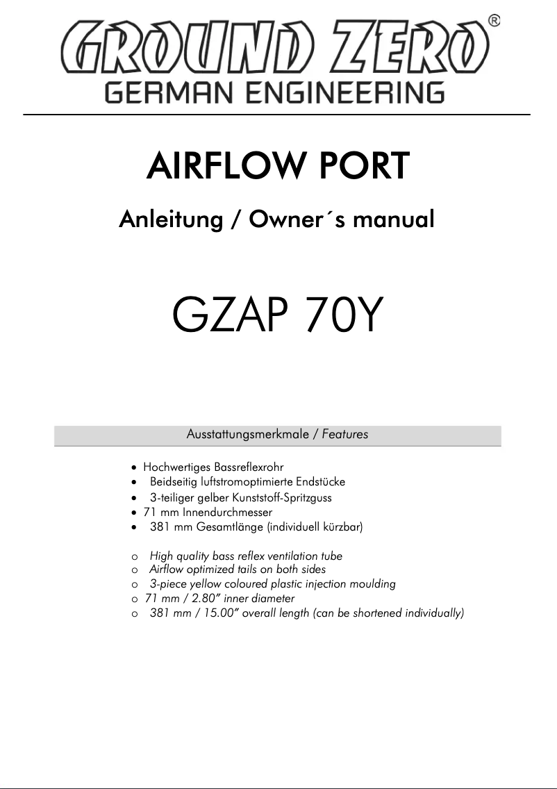 First page image of the manual for GZAP 70Y