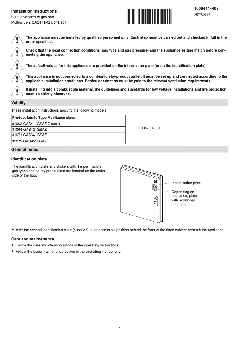 Page 1 of the manual Installation Guide V-Zug GAS641GSAZ