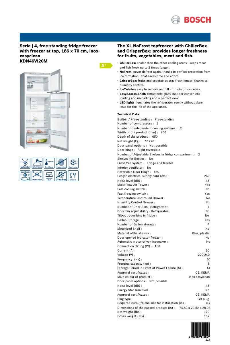 Page 1 of the manual Technical Sheet Bosch KDN46VI20M