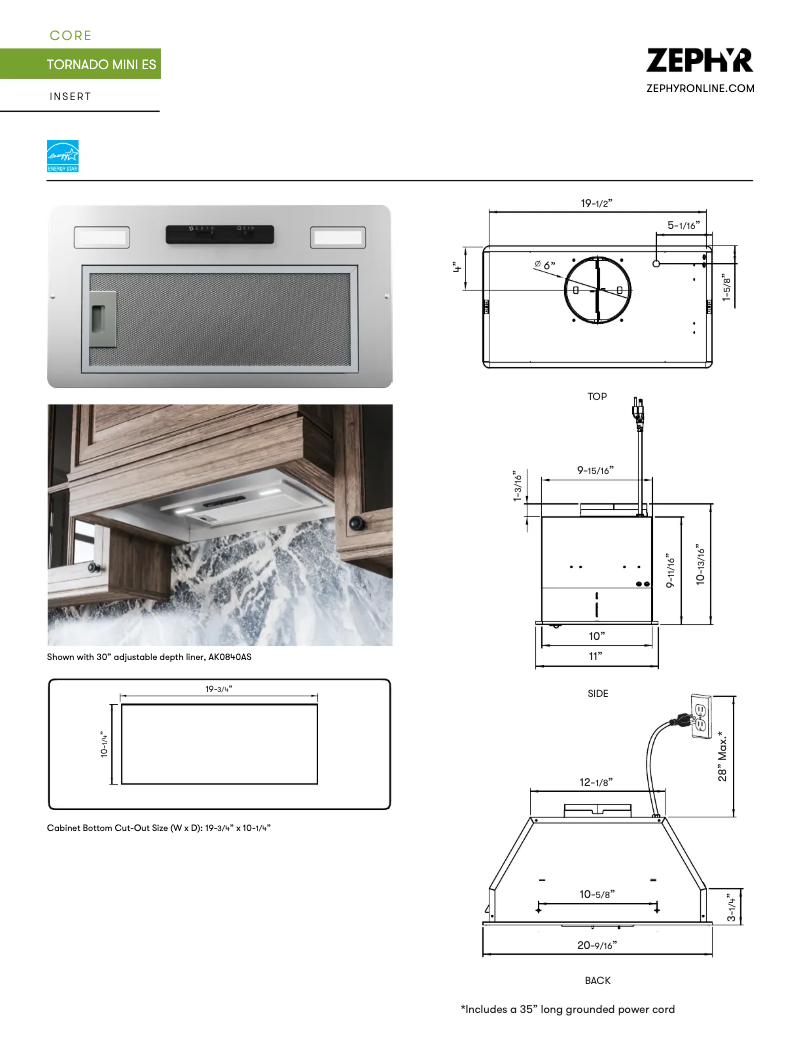 Page 1 of the manual Technical Sheet Zephyr Tornado Mini AK8400BS-ES