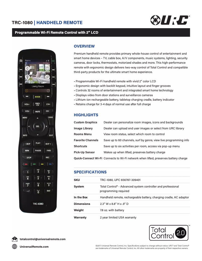Page 1 of the manual Technical Sheet Universal Remote Control TRC-1080