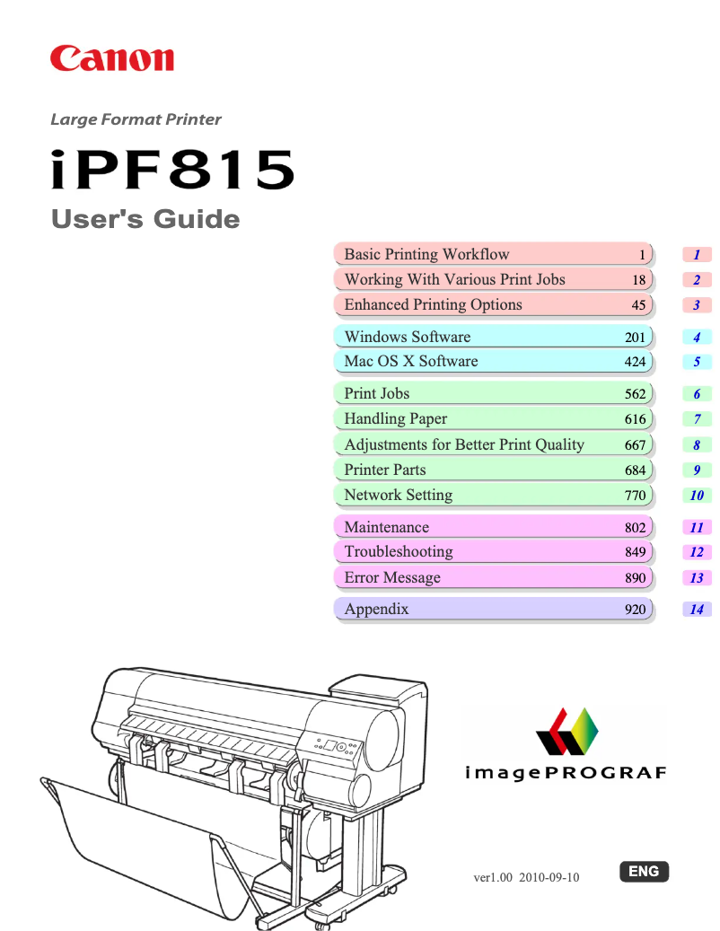 First page image of the manual for imagePROGRAF iPF815