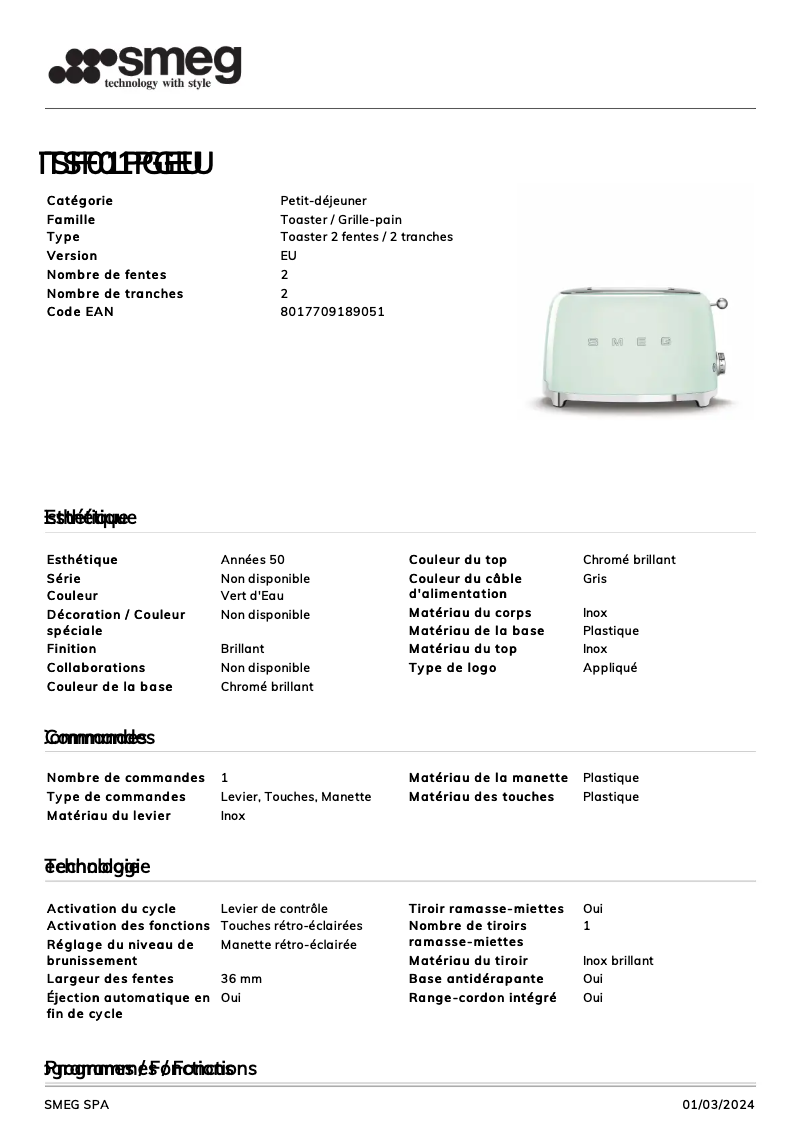 Page 1 of the manual Technical Sheet Smeg TSF01