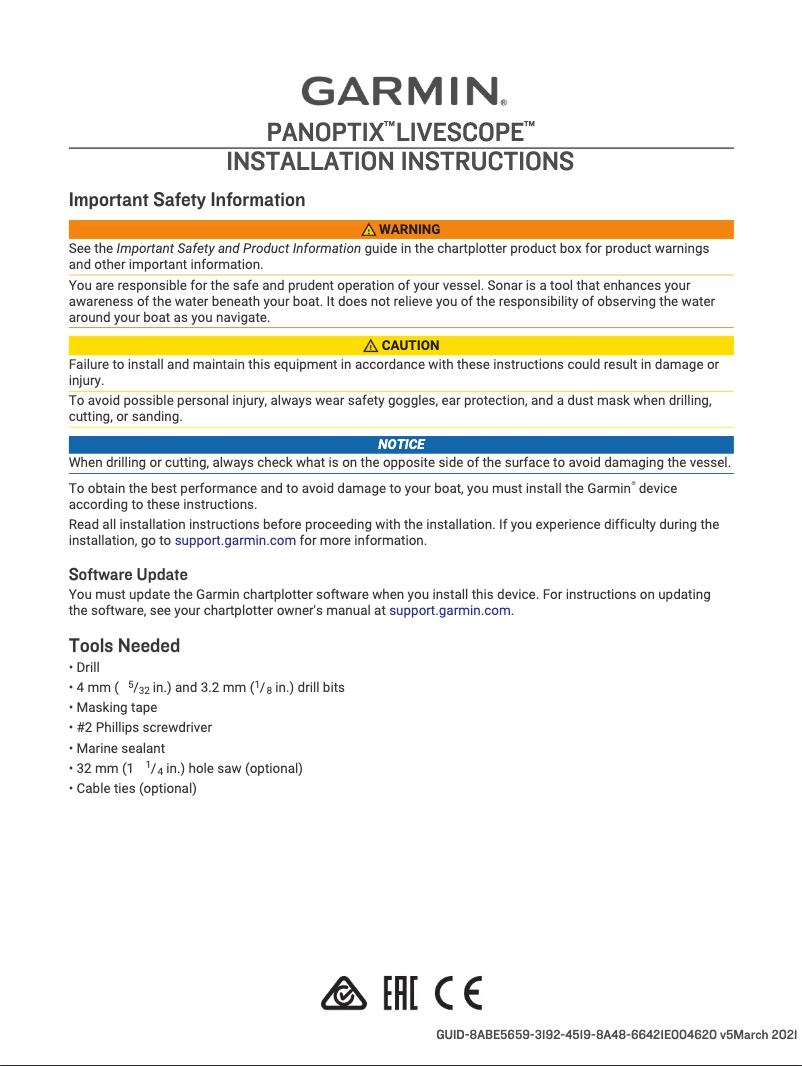 Page 1 of the manual Instruction Manual Garmin Panoptix LiveScope