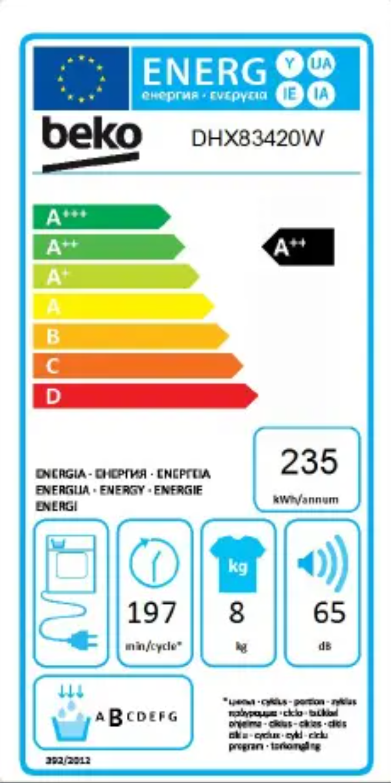 Page 1 of the manual Energy Label Beko DHX83420