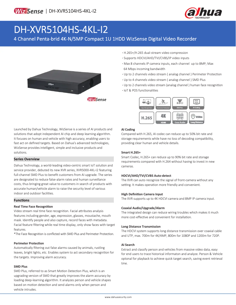 Page 1 of the manual Technical Sheet Dahua Technology XVR5104HS-4KL-I2