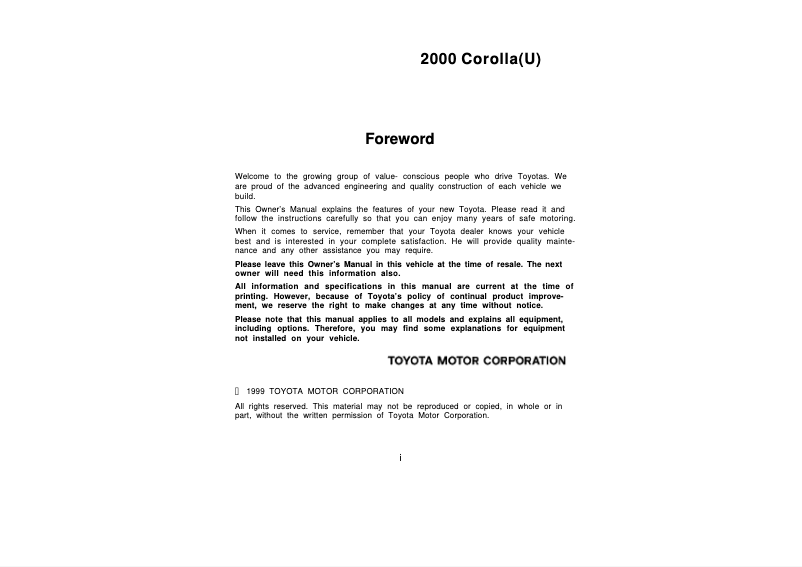 First page image of the manual for Corolla (2000)