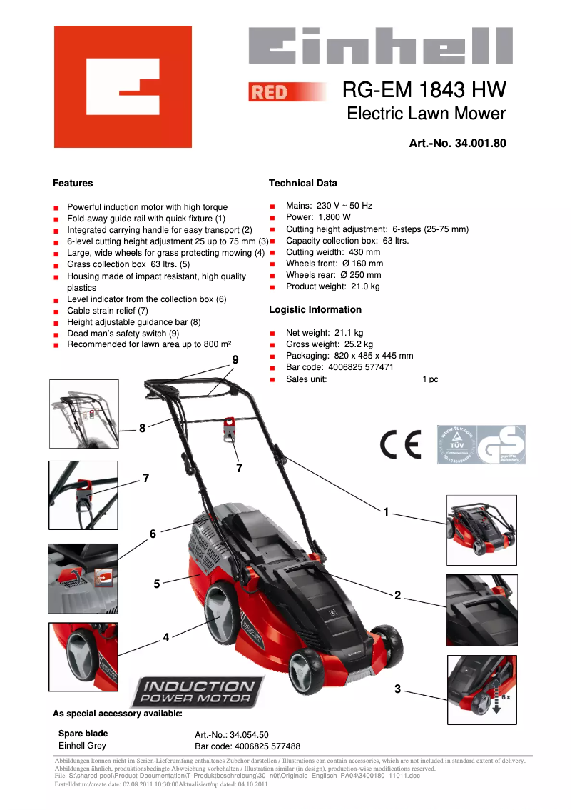 Page 1 of the manual Technical Sheet Einhell RG-EM 1843 HW