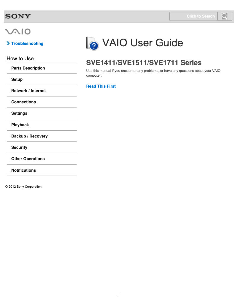 Page 1 of the manual User Manual Sony Vaio SVE1511AFXS