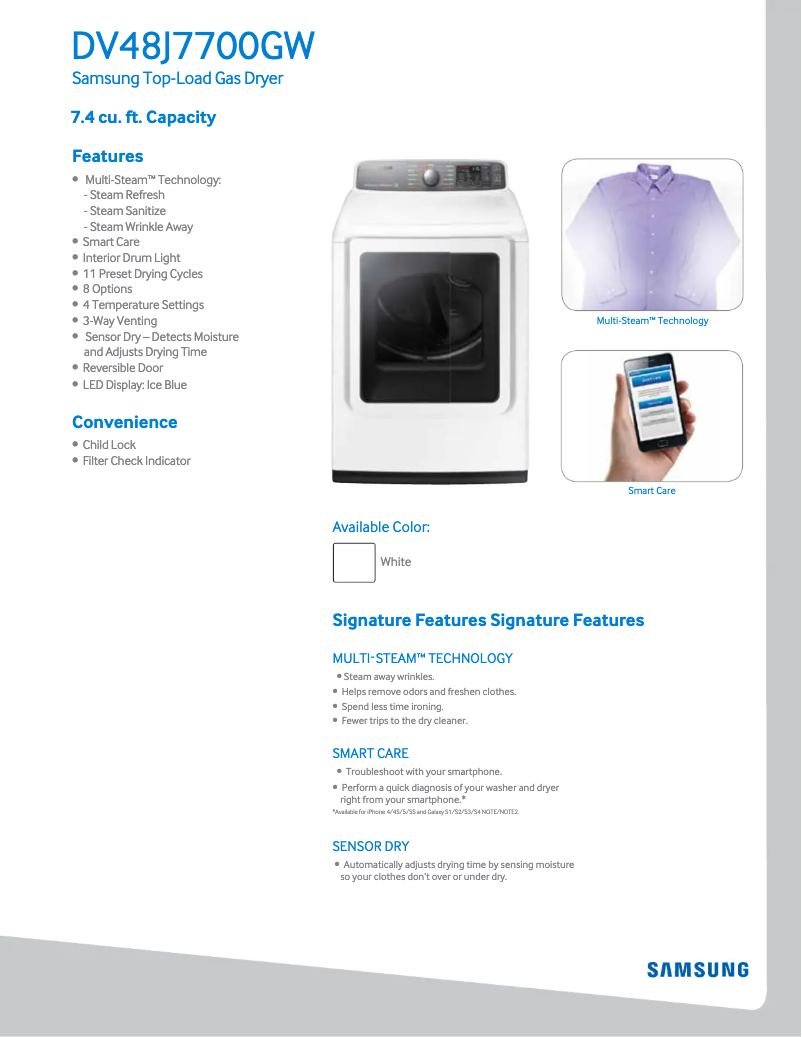 First page image of the manual for DV48J7700G