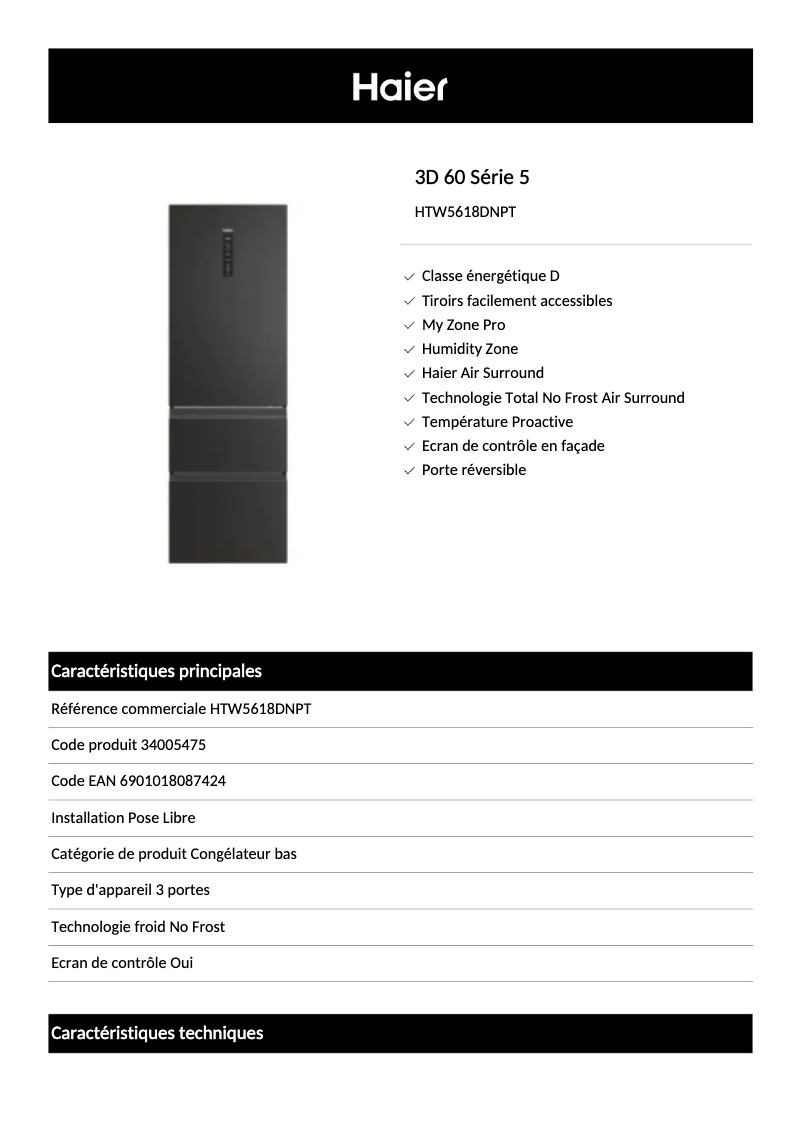 Page 1 of the manual Technical Sheet Haier HTW5618DNPT